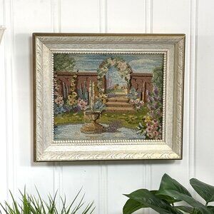 Vintage Garden Needlepoint Art in Ornate Frame for Shabby Chic Home Decor